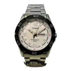 CASIO WATCH MTP-1292 دو تقویم موتور ژاپن کاسیو با موتور قدرتمند میوتا ژاپن ** صفحه سفید** درب استیل ** با تقویم روزشمار و ایام هفته