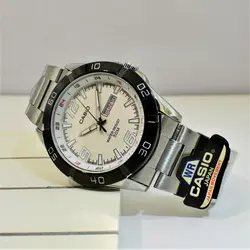 CASIO WATCH MTP-1292 دو تقویم موتور ژاپن کاسیو با موتور قدرتمند میوتا ژاپن ** صفحه سفید** درب استیل ** با تقویم روزشمار و ایام هفته