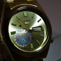 ساعت سیکو 5 رنگ طلایی 2 تقویم روز شمار و ایام هفته لاتین و فارسی SEIKO 7S36-30X1