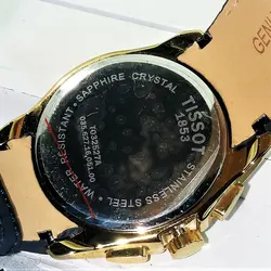TISSOT WATCH STEEL T032527A ژاپن تیسوت 4 موتوره کرنوگراف ، موتور ژاپن ، قاب طلایی فول استیل بند چرم نفتی