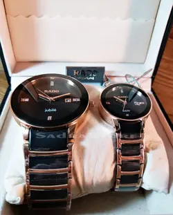 ((( اتمام موجودی ))) RADO WATCH jubile موتور ژاپن رادو ست زنانه مردانه موتورباکیفیت نگین دار بهمراه تقویم ** مسی و مشکی درب استیل طرح سرامیک **