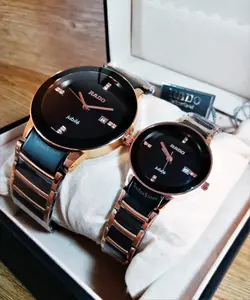 ((( اتمام موجودی ))) RADO WATCH jubile موتور ژاپن رادو ست زنانه مردانه موتورباکیفیت نگین دار بهمراه تقویم ** مسی و مشکی درب استیل طرح سرامیک **