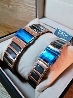 ((( اتمام موجودی ))) RADO WATCH jubile موتور ژاپن رادو ست زنانه مردانه موتورباکیفیت نگین دار بهمراه تقویم ** مسی و مشکی درب استیل طرح سرامیک **
