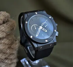 HUBLOT GENEVE BIG BANG ساخت ژاپن (( کلا مشکی )) هابلوت 3 موتوره کلکسیونی کورنوگراف باموتور قدرتمندمیوتا * شیشه ضد خش * دارای بارکد صفحه نوک مدادی