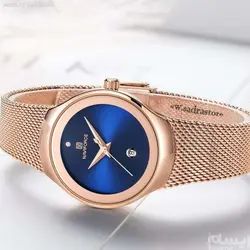 NAVIFORCE NF5004L ژاپن حصیری ناوی فورس زنانه * صفحه سرمه ای براق * رنگ بند رزگلد بهمراه تاریخ روز شمار ...