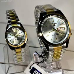 SEIKO 5 موتور ژاپن سیکوست زنانه مردانه &amp; درب استیل ، دو تقویمه با طراحی تقویمی ایام خاص لاتین و عربی