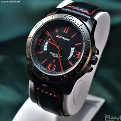 JUSTRONG WATCH اورجینال جاسترونگ با طرح تقویم خاص دوطرفه دورنگ مشکی و قرمز بندچرم ، استیل