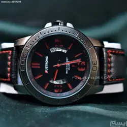 JUSTRONG WATCH اورجینال جاسترونگ با طرح تقویم خاص دوطرفه دورنگ مشکی و قرمز بندچرم ، استیل