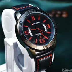 JUSTRONG WATCH اورجینال جاسترونگ با طرح تقویم خاص دوطرفه دورنگ مشکی و قرمز بندچرم ، استیل