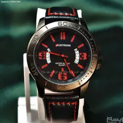 JUSTRONG WATCH اورجینال جاسترونگ با طرح تقویم خاص دوطرفه دورنگ مشکی و قرمز بندچرم ، استیل