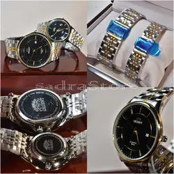 ORIENT WATCH موتور ژاپن (( موجود فقط مردانه ))  اورینت با موتور قدرتمند ژاپنی ** صفحه مشکی بند دورنگ با تقویم روز شمار ** درب استیل
