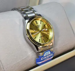 CASIO WATCH MTP1199  کاسیو با موتور قدرتمند میوتا ژاپن ** صفحه طلای ** درب استیل ** با تقویم روزشمار ** دورنگ