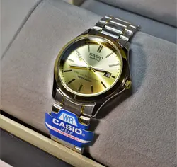 CASIO WATCH MTP1199  کاسیو با موتور قدرتمند میوتا ژاپن ** صفحه طلای ** درب استیل ** با تقویم روزشمار ** دورنگ