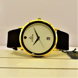 FITRON اورجینال ژاپن فیترون کلاسیک با صفحه ساده و تاریخ روز شمار * اصل ژاپن * بند مشکی باقاب طلایی صفحه سفید