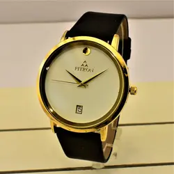 FITRON اورجینال ژاپن فیترون کلاسیک با صفحه ساده و تاریخ روز شمار * اصل ژاپن * بند مشکی باقاب طلایی صفحه سفید