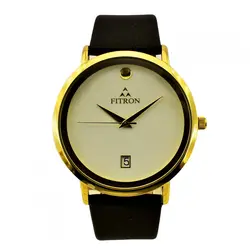 FITRON اورجینال ژاپن فیترون کلاسیک با صفحه ساده و تاریخ روز شمار * اصل ژاپن * بند مشکی باقاب طلایی صفحه سفید