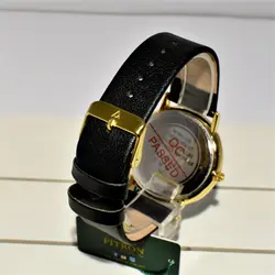 FITRON اورجینال ژاپن فیترون کلاسیک با صفحه ساده و تاریخ روز شمار * اصل ژاپن * بند مشکی باقاب طلایی صفحه سفید