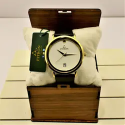 FITRON اورجینال ژاپن فیترون کلاسیک با صفحه ساده و تاریخ روز شمار * اصل ژاپن * بند مشکی باقاب طلایی صفحه سفید