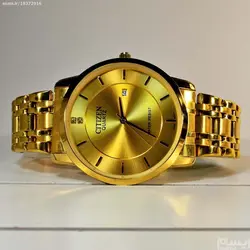 CITIZEN WATCH 735114CWS اورجینال ساخت ژاپن سیتیزن ژاپن ** تقویم روزشمار ** با صفحه بسیاربراق ** کلا طلایی بند ریز بافت
