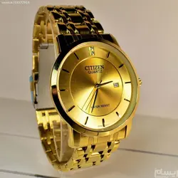 CITIZEN WATCH 735114CWS اورجینال ساخت ژاپن سیتیزن ژاپن ** تقویم روزشمار ** با صفحه بسیاربراق ** کلا طلایی بند ریز بافت