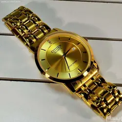 CITIZEN WATCH 735114CWS اورجینال ساخت ژاپن سیتیزن ژاپن ** تقویم روزشمار ** با صفحه بسیاربراق ** کلا طلایی بند ریز بافت