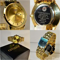 CITIZEN WATCH 735114CWS اورجینال ساخت ژاپن سیتیزن ژاپن ** تقویم روزشمار ** با صفحه بسیاربراق ** کلا طلایی بند ریز بافت