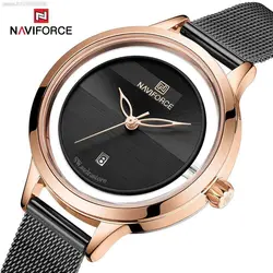 NAVIFORCE NF5014L جدید موتور ژاپن حصیری ناوی فورس زنانه * صفحه طرح دار با قاب رزگلد * بهمراه تقویم روزشمار صفحه با دور شیشه باز ...