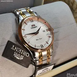ORIENT WATCH SHMZ-CU-B20030 ساخت ژاپن اورینت ژاپن ** صفحه سفید صدفی فرز شده ،، بند دورنگ بهمراه تقویم روز شمار ** فول استیل