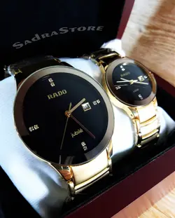 RADO WATCH jubile موتور ژاپن رادو ست زنانه مردانه نگین دار بهمراه تقویم ** طلایی درب استیل طرح سرامیک ** ساده بسیار جذاب