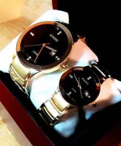 RADO WATCH jubile موتور ژاپن رادو ست زنانه مردانه نگین دار بهمراه تقویم ** طلایی درب استیل طرح سرامیک ** ساده بسیار جذاب