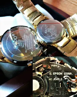 RADO WATCH jubile موتور ژاپن رادو ست زنانه مردانه نگین دار بهمراه تقویم ** طلایی درب استیل طرح سرامیک ** ساده بسیار جذاب