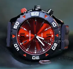 ROMANSON WATCH رومانسون تک موتوره نگین دار با صفحه زرشکی براق ** شیشه شفاف بندژله ای دور دوخت با صفحه ای ساده