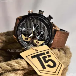 T5 NO:H3629G جدید تی فایو 3 موتوره کرنوگراف ،، صفحه مشکی کرکره ای بهمراه تقویم روز شمار ،، شیشه کریستال ،، اسپورت