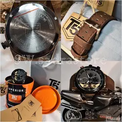 T5 NO:H3629G جدید تی فایو 3 موتوره کرنوگراف ،، صفحه مشکی کرکره ای بهمراه تقویم روز شمار ،، شیشه کریستال ،، اسپورت