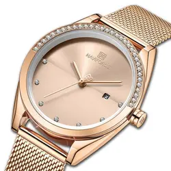 NAVIFORCE NF5015M رنگ زیبای مسی حصیری ناوی فورس زنانه صفحه و دور شیشه نگین دار * با تاریخ روز شمار * رنگ بینظیر * توضیحات..