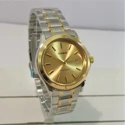 CASIO WATCH MTP1199 ساخت ژاپن کاسیو با موتور قدرتمند میوتا ژاپن ** صفحه طلای ** درب استیل ** با تقویم روزشمار ** دورنگ