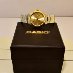 CASIO WATCH MTP1199 ساخت ژاپن کاسیو با موتور قدرتمند میوتا ژاپن ** صفحه طلای ** درب استیل ** با تقویم روزشمار ** دورنگ