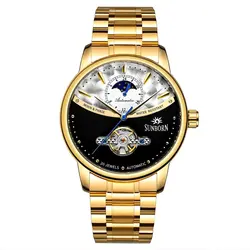 SUNBORN TM-339G-54027 جدید مکانیکی گوکی سانبورن مکانیکی صفحه با طرحی جذاب ** باموتورMOONPHASE فازماه ** طلایی