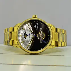 SUNBORN TM-339G-54027 جدید مکانیکی گوکی سانبورن مکانیکی صفحه با طرحی جذاب ** باموتورMOONPHASE فازماه ** طلایی