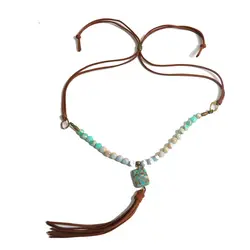 گردنبند فیروزه آفریقایی با مدال فیروزه مصری همراه با بند چرم کد G54