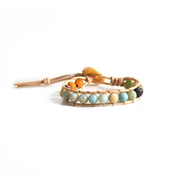 دستبند آمازونیت با چرم مصنوعی کرم