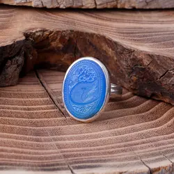 انگشتر نقره عقیق آبی معدنی با حکاکی جانم حسین