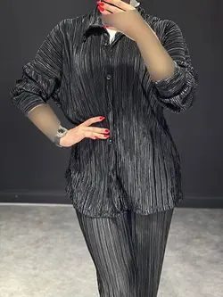 ست شومیز+شلوار پلیسه رنگی کد 644007