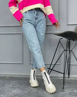 شلوار مام فیت برفکی سنگ خشک پارچه ترک کمرکش