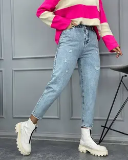 شلوار مام فیت برفکی سنگ خشک پارچه ترک کمرکش