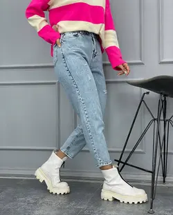 شلوار مام فیت برفکی سنگ خشک پارچه ترک کمرکش