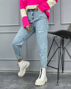 شلوار مام فیت برفکی سنگ خشک پارچه ترک کمرکش