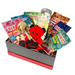 محتویات: ۱ عدد عروسک ۱۳ سانتی متری، گل رز پارچه ای، مارشمالو عروسکی، پاستیل های ببتو در طعم های اقیانوس، میکس میوه ای، شاتوت، خرسی، بستنی و دندان دراکولایی به همراه کارت پستال به اسم سفارشی شما در توضیحات سفارش