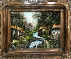 تابلو فرش کد 202 منظره سه کلبه چله نخ اندازه با قاب ۷۰ در ۸۵ سانتیمتر