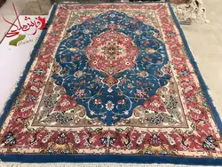 قالیچه طرح کریم قلم فیروزه ای رج ۲۵ معروف به 30 گل ابریشم اندازه ۲در۱.۵